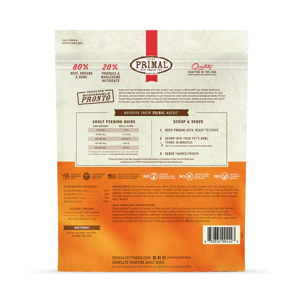 Primal Scoopable Pronto Beef Recipe Raw Frozen Dog Food - 4lb