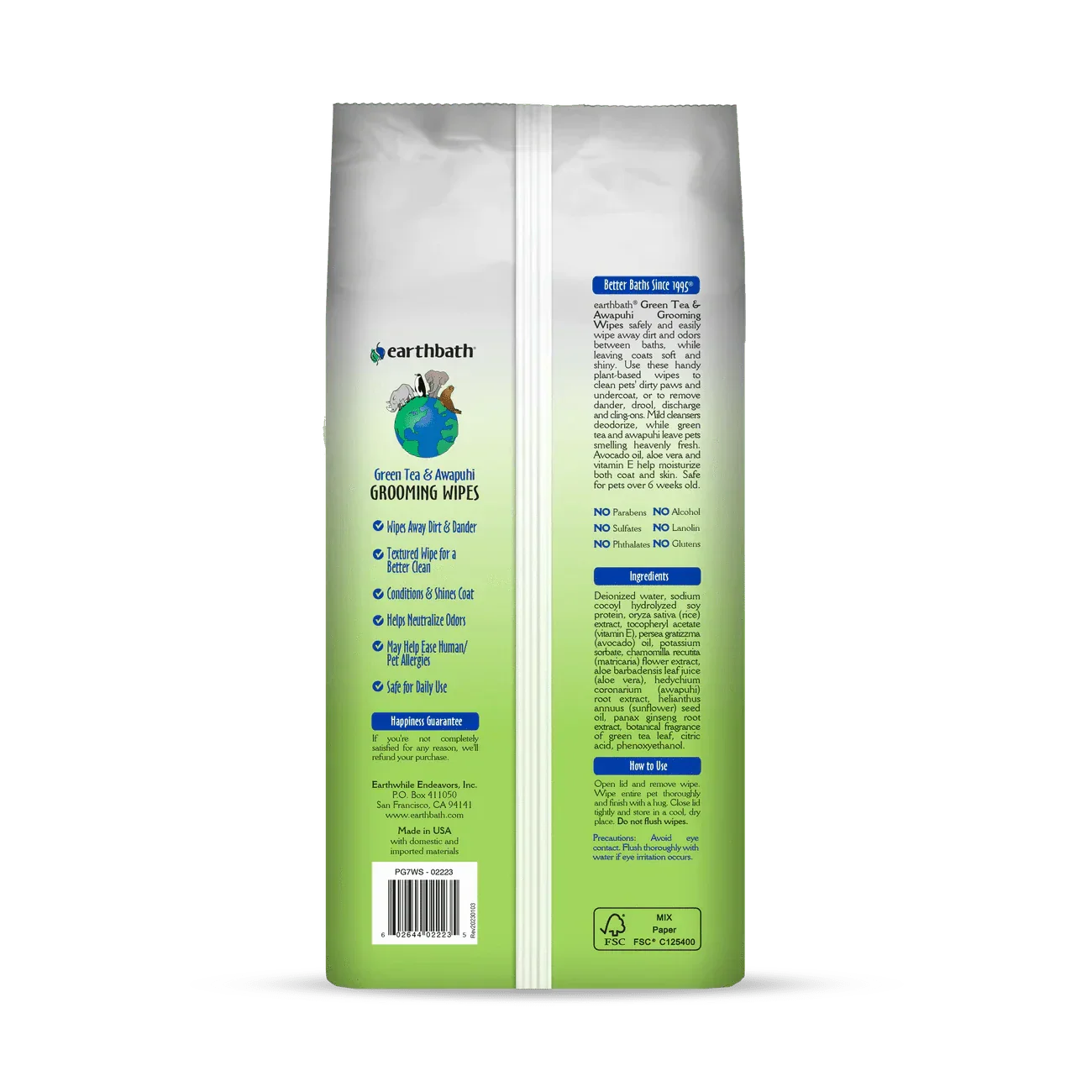 earthbath Grooming Wipes - Green Tea & Awapuhi - 100 Wipes - The Pet Source