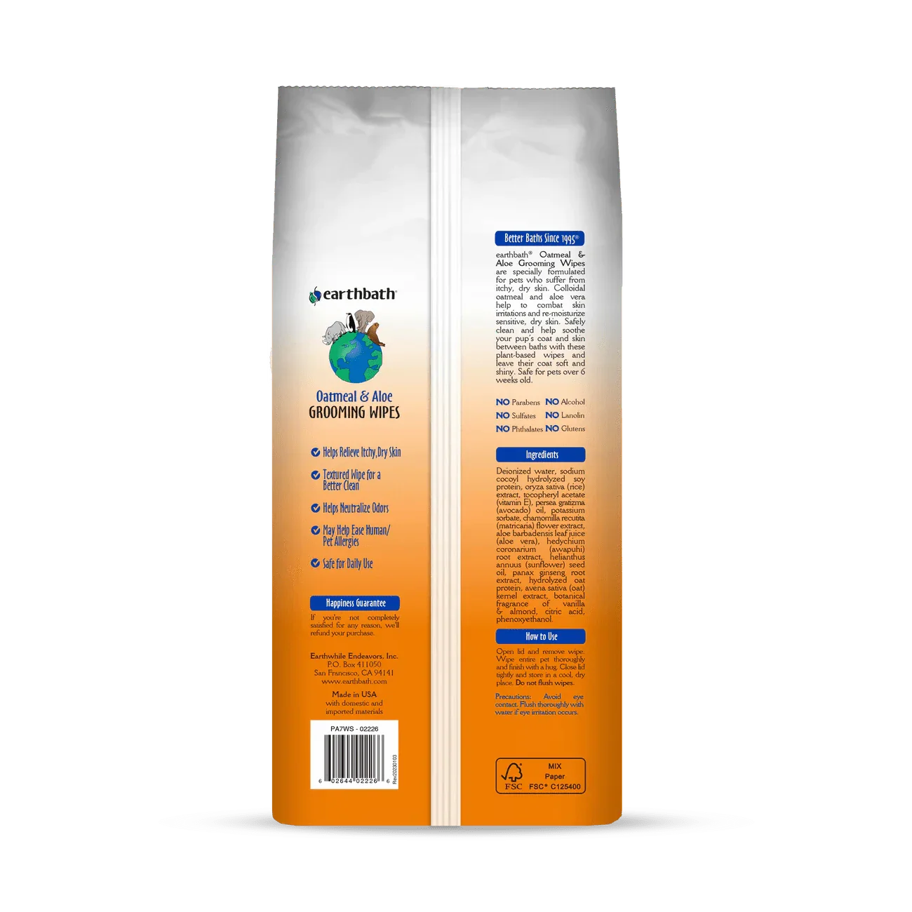 earthbath Grooming Wipes - Oatmeal & Aloe - 100 Wipes - The Pet Source