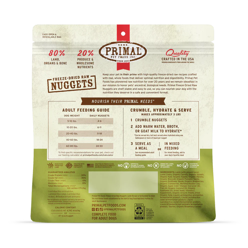 Primal Freeze Dried Raw Nuggets Dog Food Lamb Recipe - 5.5oz