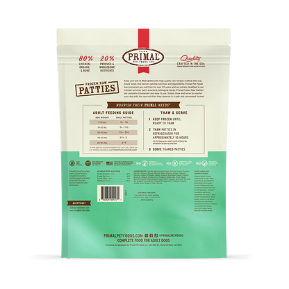 Primal Patties Chicken Recipe Raw Frozen Dog Food - 6lb