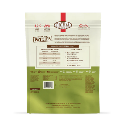 Primal Patties Lamb Recipe Raw Frozen Dog Food - 6lb