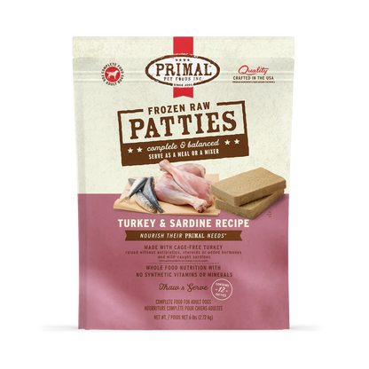 Primal Patties Turkey & Sardine Recipe Raw Frozen Dog Food - 18lb