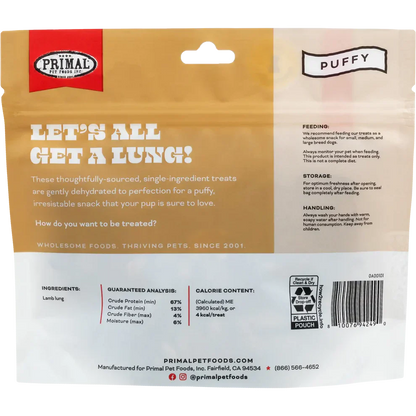 Primal Let’s All Get a Lung Dehydrated Dog Treats Lamb Recipe - 1.5oz