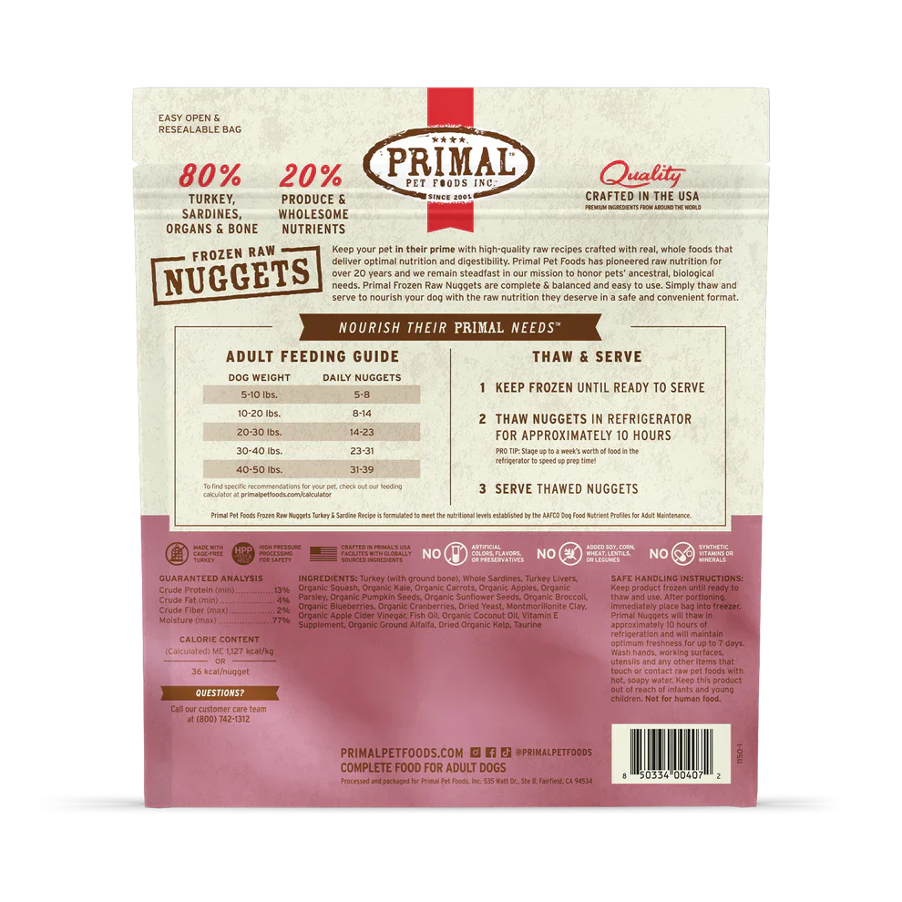 Primal Nuggets Turkey & Sardine Recipe Raw Frozen Dog Food - 3lb