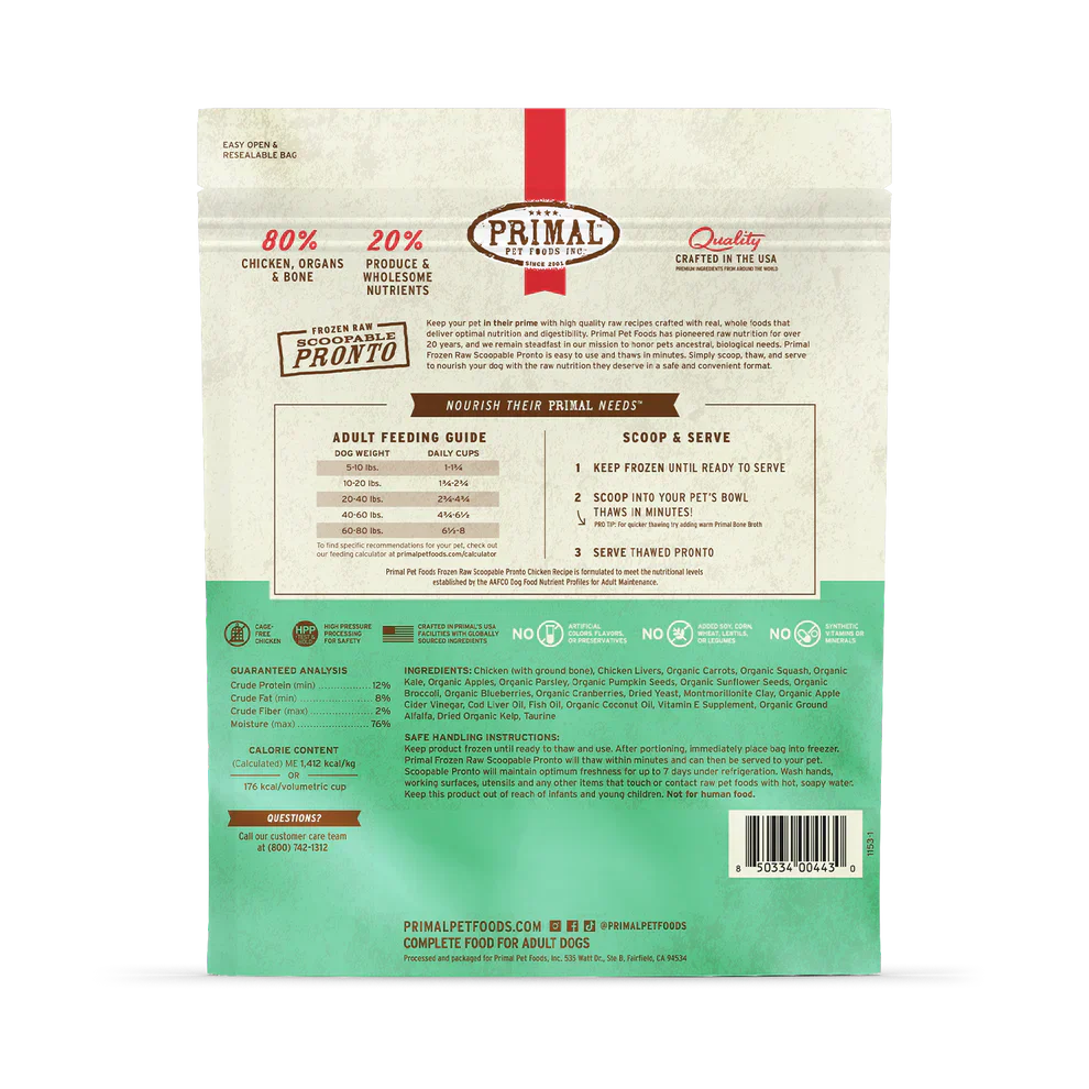 Primal Scoopable Pronto Chicken Recipe Raw Frozen Dog Food - 0.75lb
