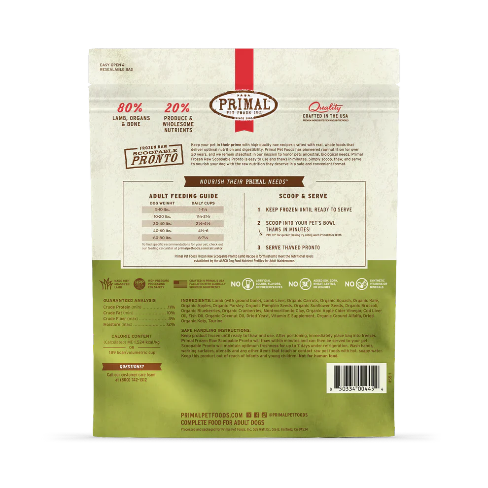 Primal Scoopable Pronto Lamb Recipe Raw Frozen Dog Food - 4lb
